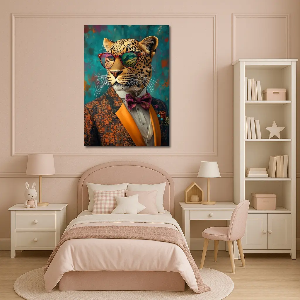 Dapper Leopard In Suit Teal Background – Wall Art