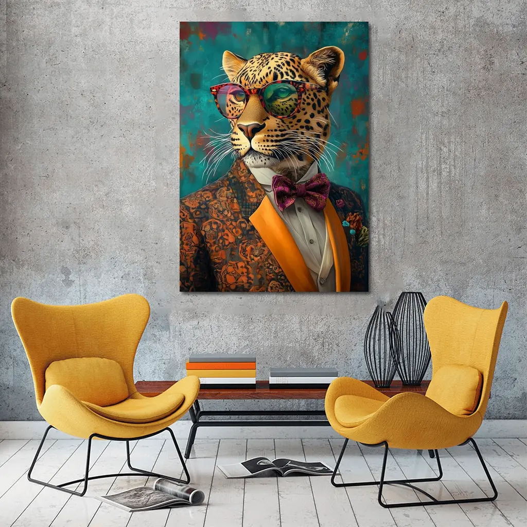 Dapper Leopard In Suit Teal Background – Wall Art