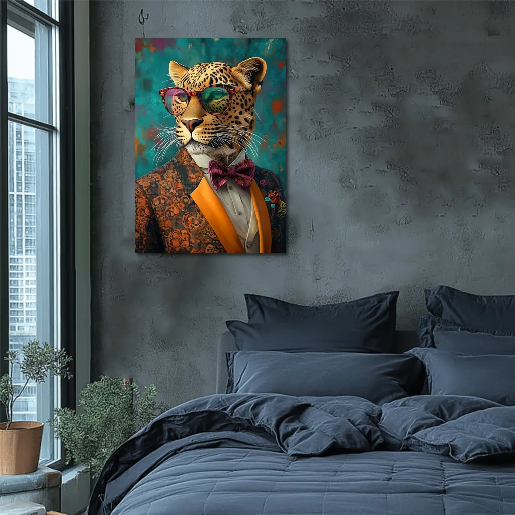 Dapper Leopard In Suit Teal Background – Wall Art