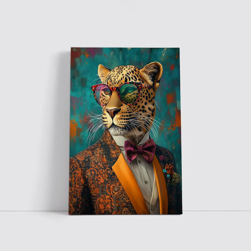 Dapper Leopard In Suit Teal Background – Wall Art