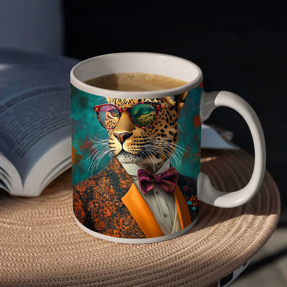Dapper Leopard In Suit Teal Background – Mugs
