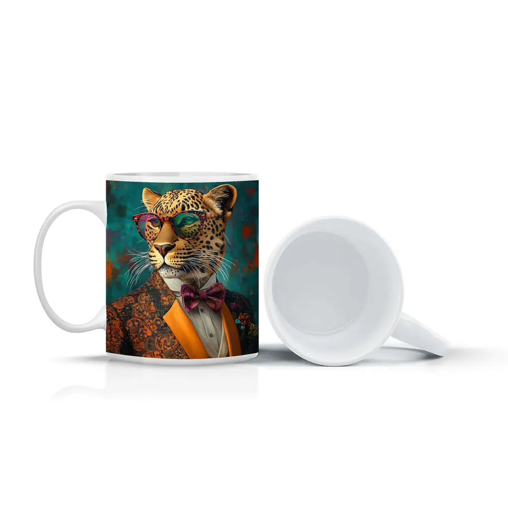 Dapper Leopard In Suit Teal Background – Mugs