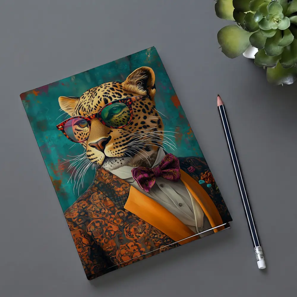 Dapper Leopard In Suit Teal Background – Notebooks