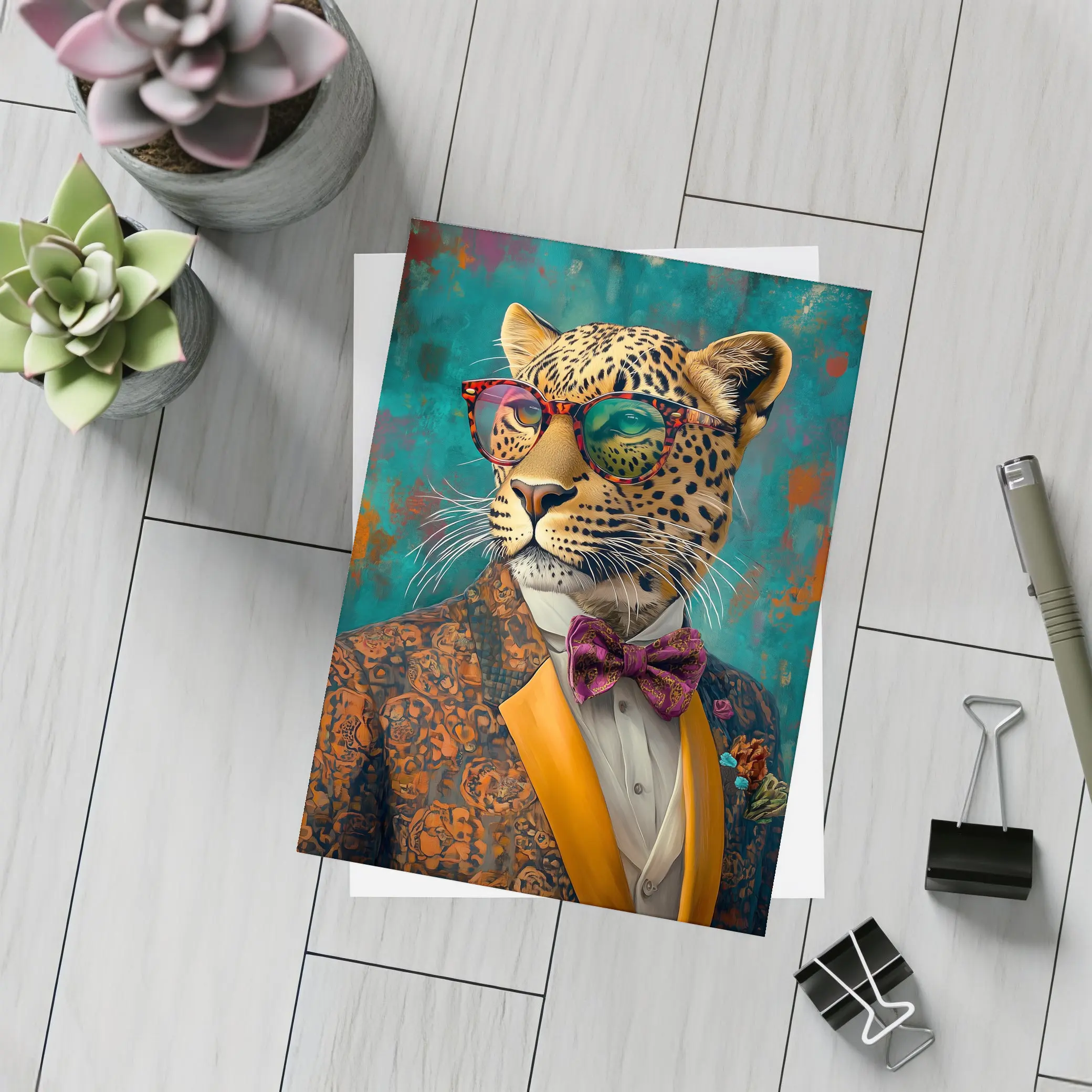 Dapper Leopard In Suit Teal Background – Postcards