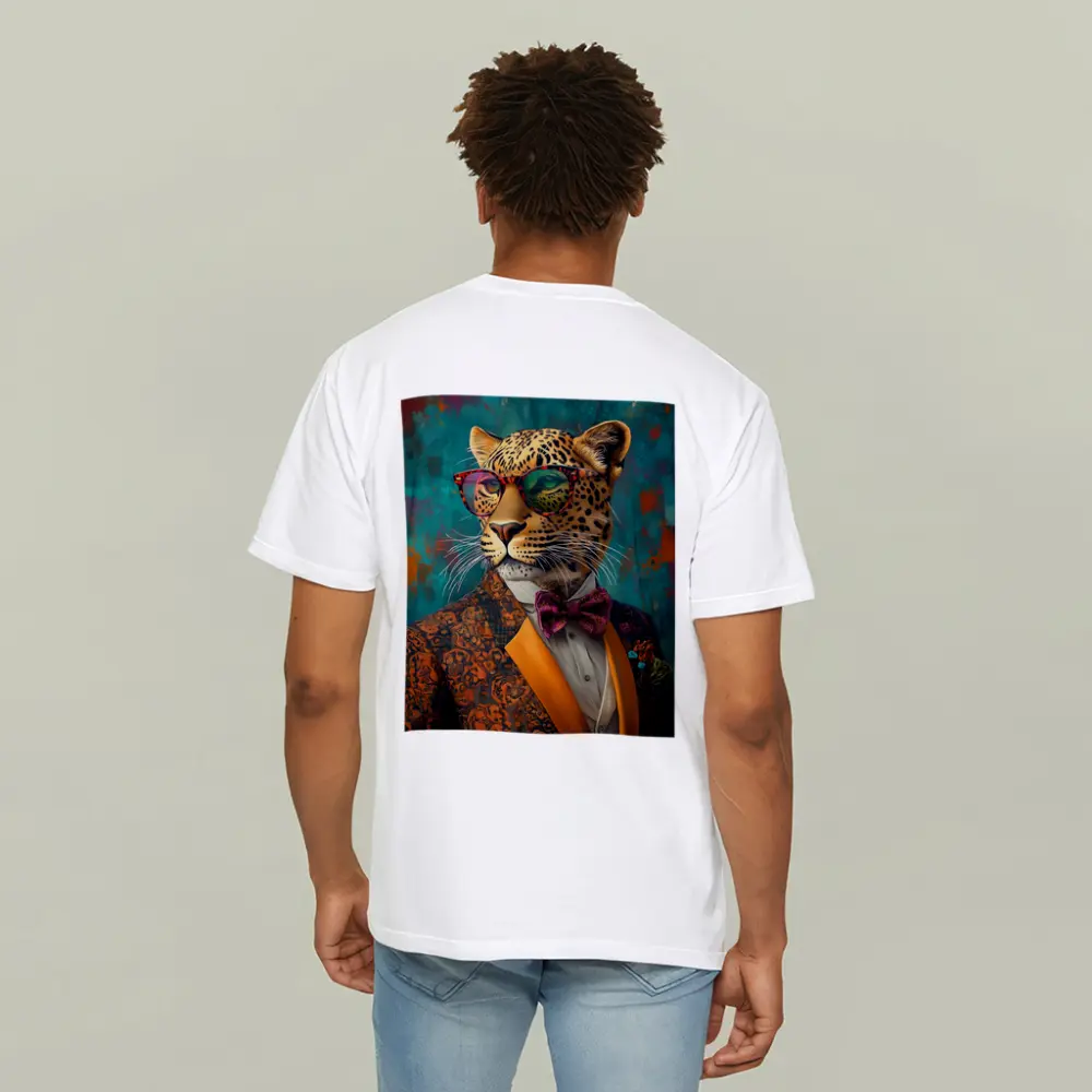 Dapper Leopard In Suit Teal Background – T-Shirts