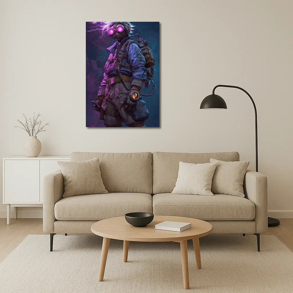 Cyberpunk Soldier Gas Mask Neon Lightning Art – Wall Art