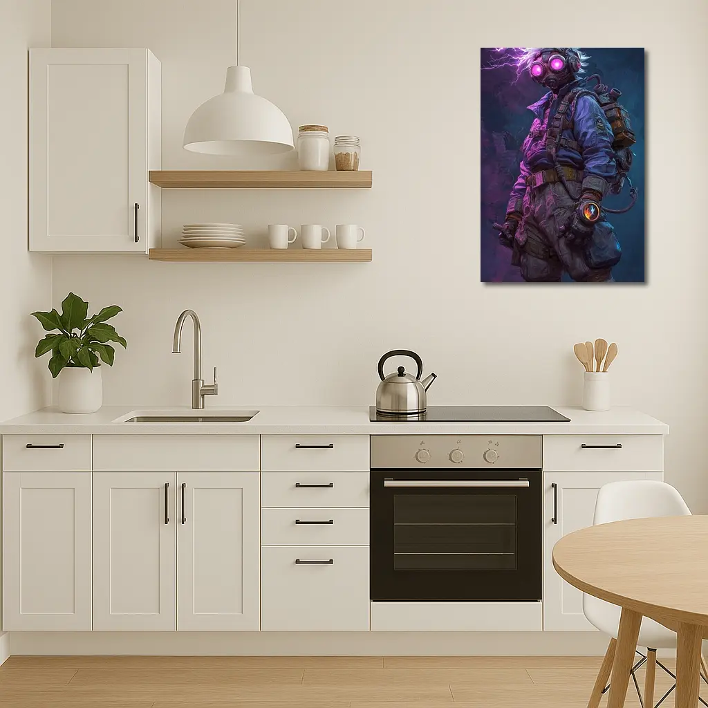 Cyberpunk Soldier Gas Mask Neon Lightning Art – Wall Art