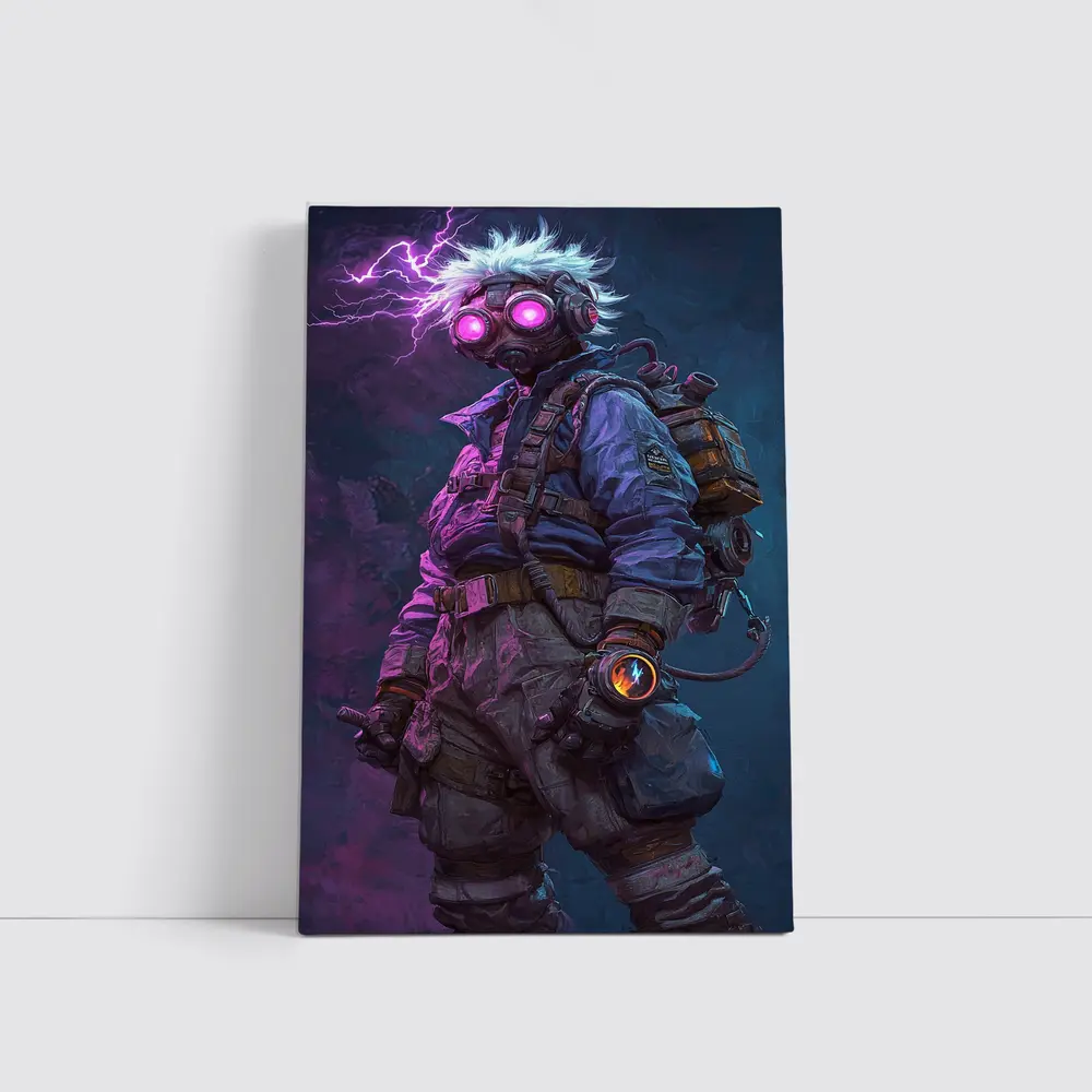 Cyberpunk Soldier Gas Mask Neon Lightning Art – Wall Art