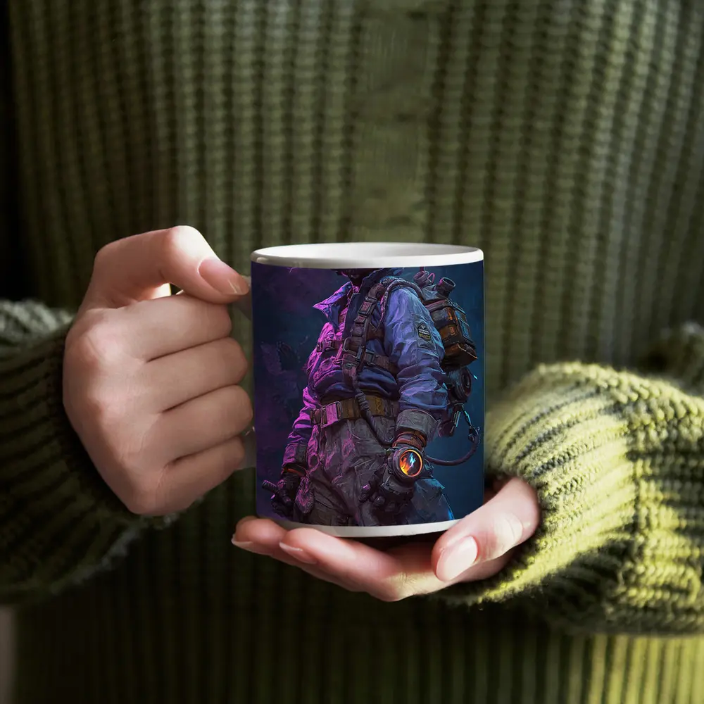 Cyberpunk Soldier Gas Mask Neon Lightning Art – Mugs