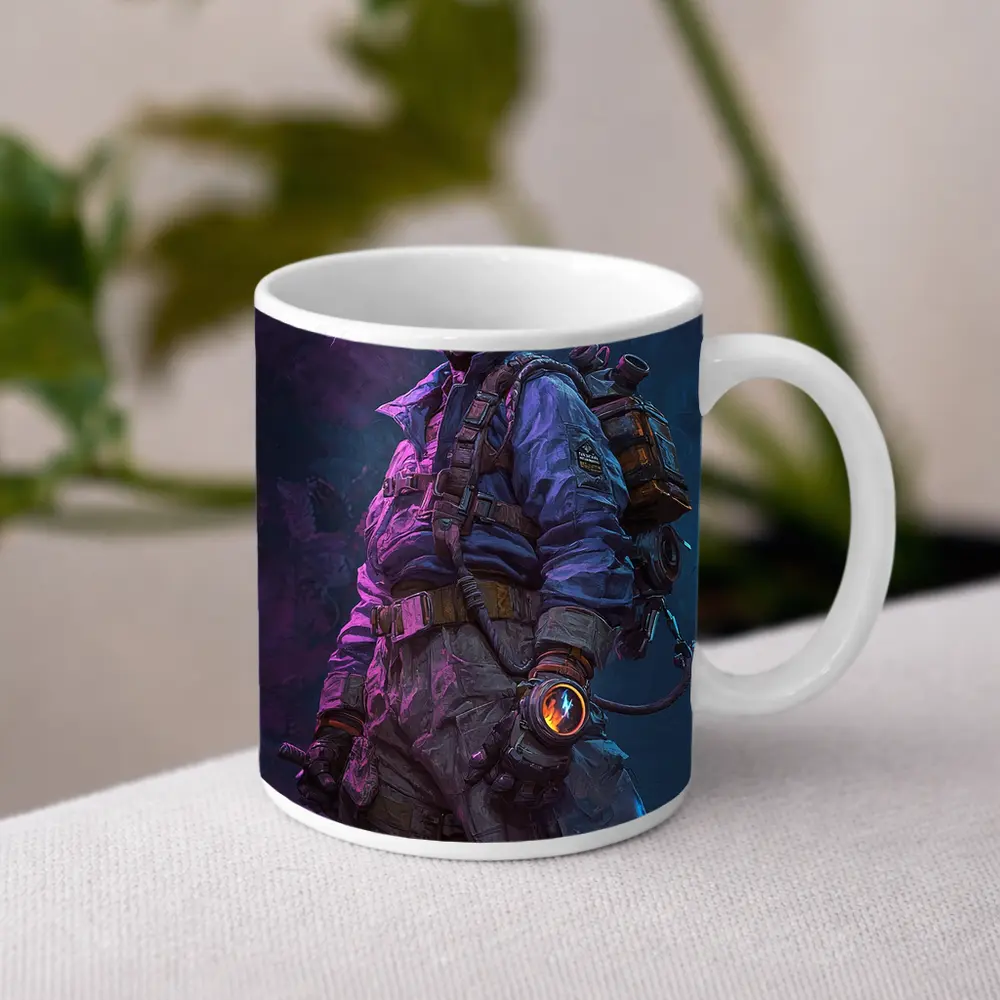 Cyberpunk Soldier Gas Mask Neon Lightning Art – Mugs