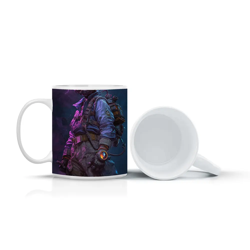 Cyberpunk Soldier Gas Mask Neon Lightning Art – Mugs