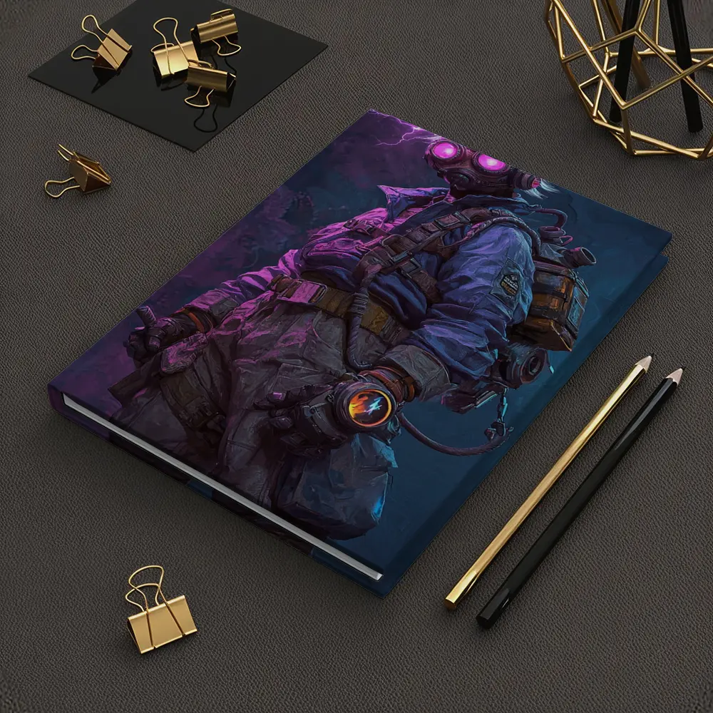 Cyberpunk Soldier Gas Mask Neon Lightning Art – Notebooks