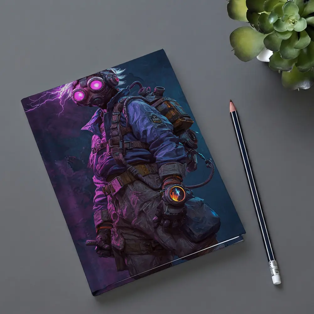 Cyberpunk Soldier Gas Mask Neon Lightning Art – Notebooks