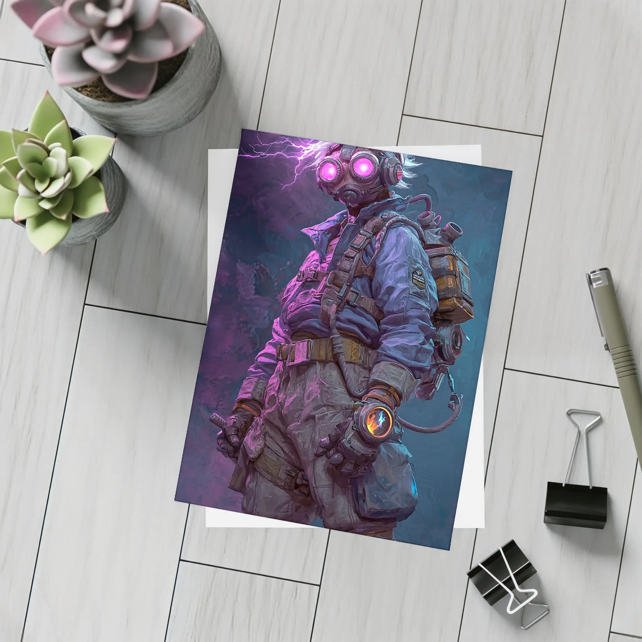 Cyberpunk Soldier Gas Mask Neon Lightning Art – Postcards
