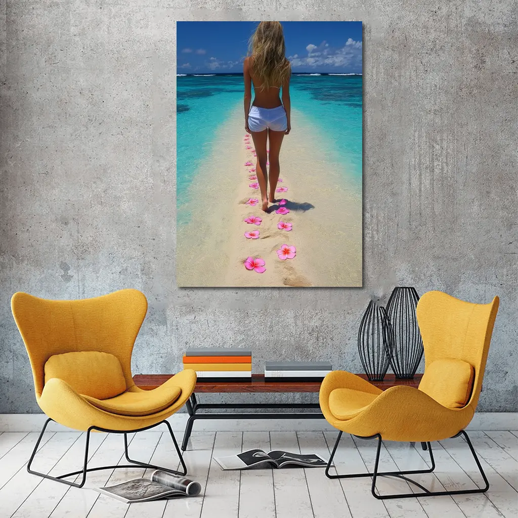 Woman Walking Tropical Beach Pink Plumeria Flowers – Wall Art