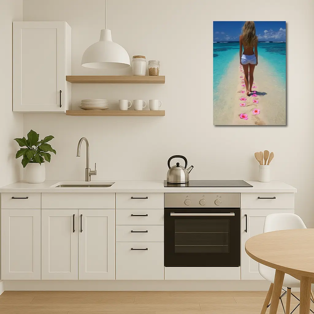 Woman Walking Tropical Beach Pink Plumeria Flowers – Wall Art