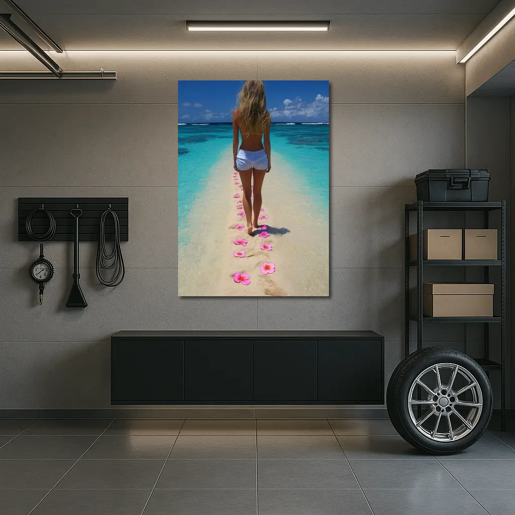 Woman Walking Tropical Beach Pink Plumeria Flowers – Wall Art
