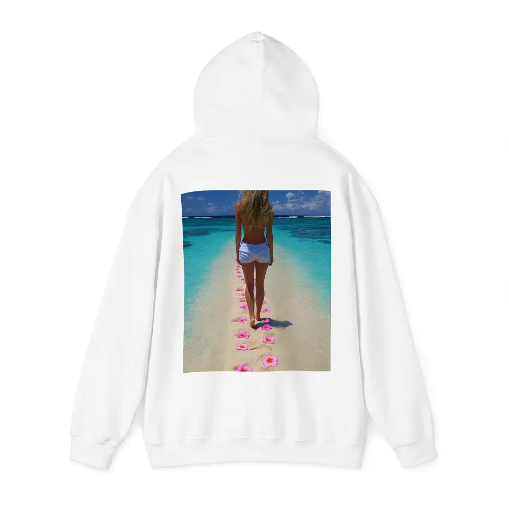 Woman Walking Tropical Beach Pink Plumeria Flowers – Hoodies