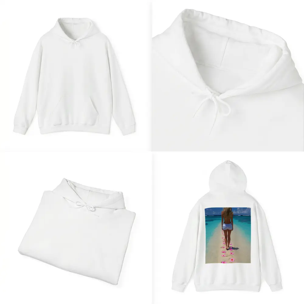 Woman Walking Tropical Beach Pink Plumeria Flowers – Hoodies