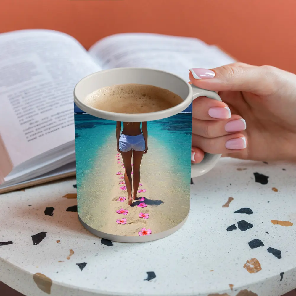 Woman Walking Tropical Beach Pink Plumeria Flowers – Mugs