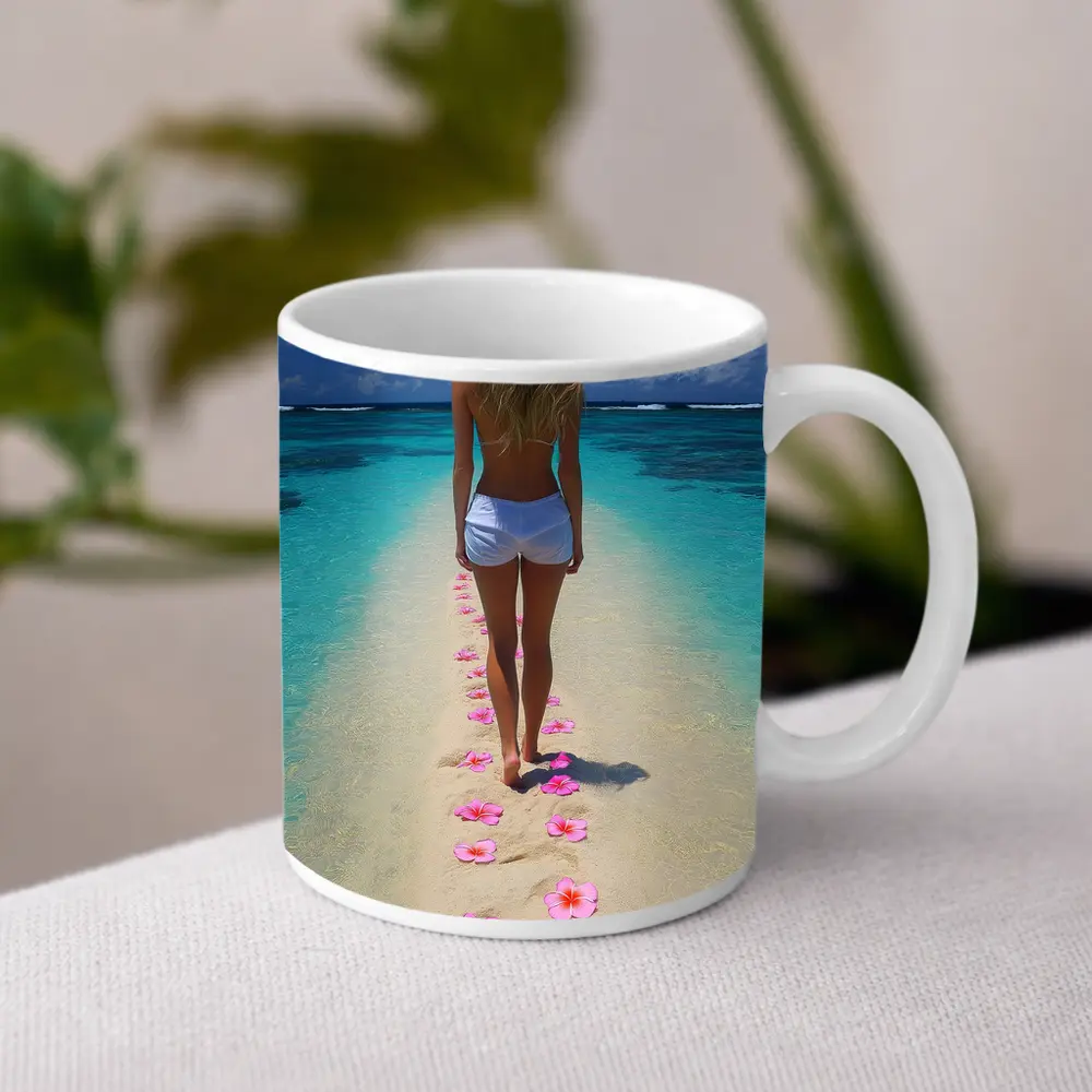 Woman Walking Tropical Beach Pink Plumeria Flowers – Mugs