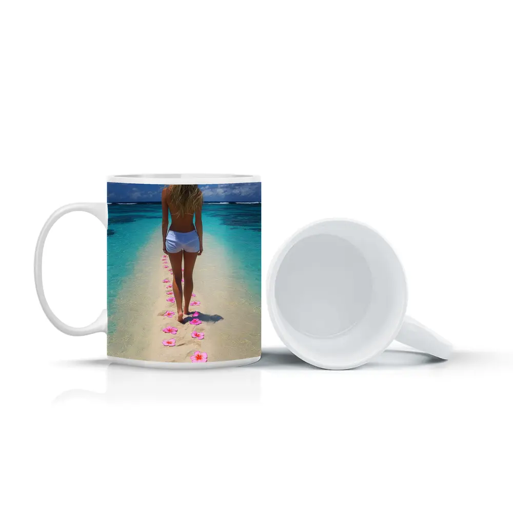 Woman Walking Tropical Beach Pink Plumeria Flowers – Mugs