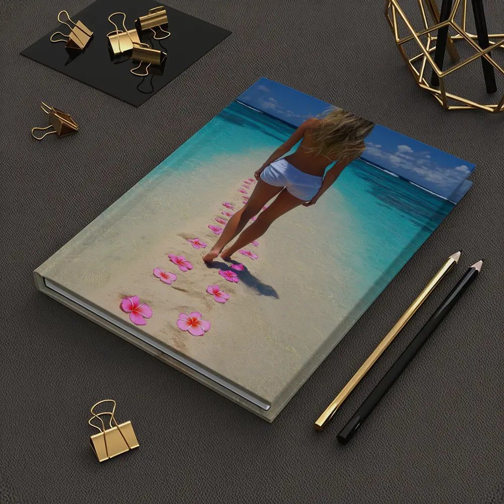 Woman Walking Tropical Beach Pink Plumeria Flowers – Notebooks