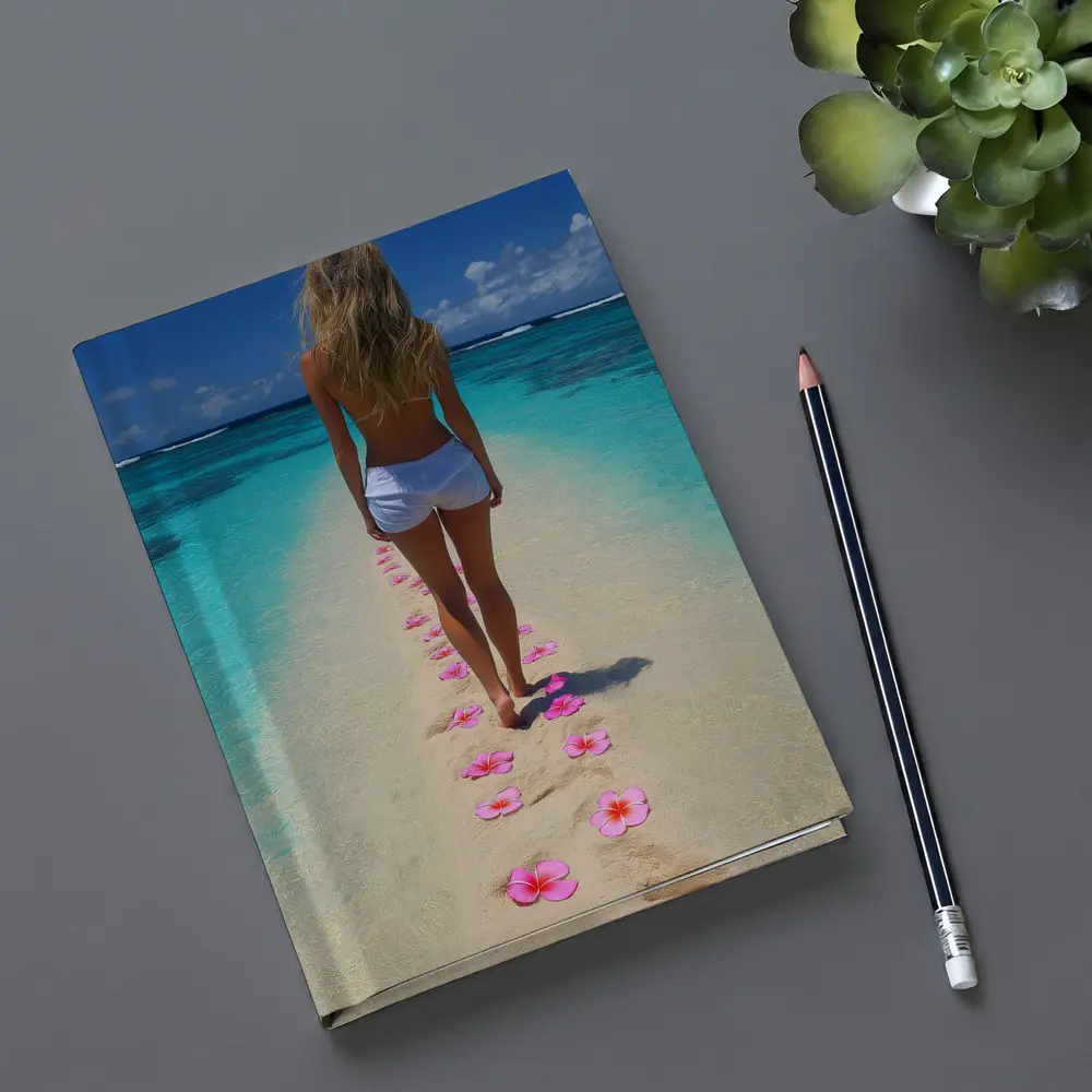 Woman Walking Tropical Beach Pink Plumeria Flowers – Notebooks