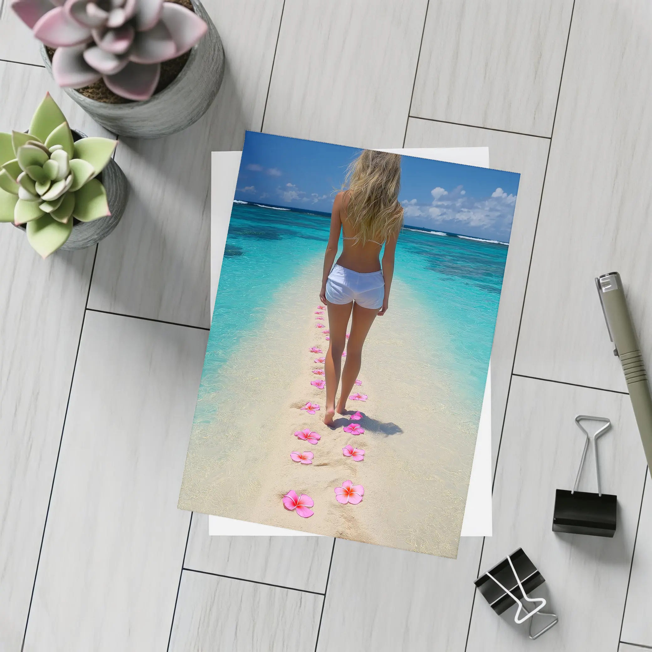 Woman Walking Tropical Beach Pink Plumeria Flowers – Postcards