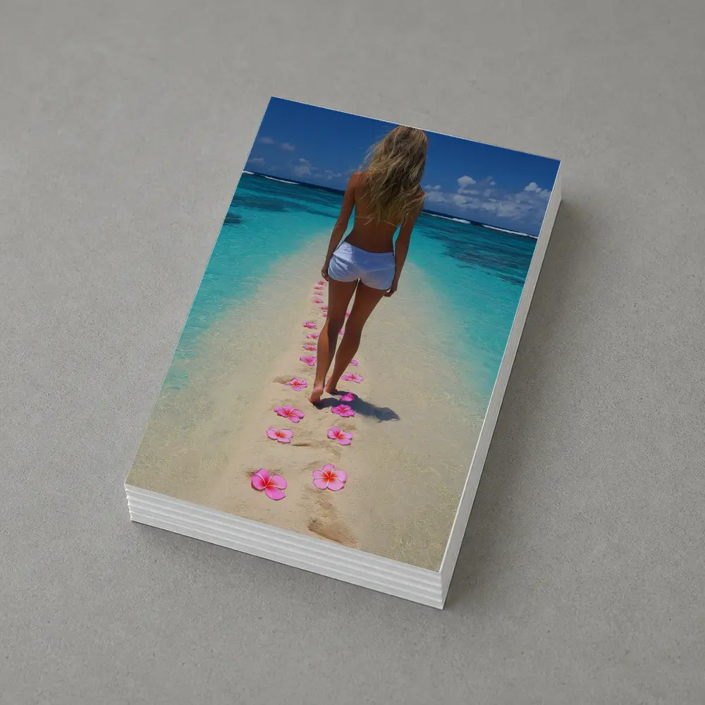 Woman Walking Tropical Beach Pink Plumeria Flowers – Postcards