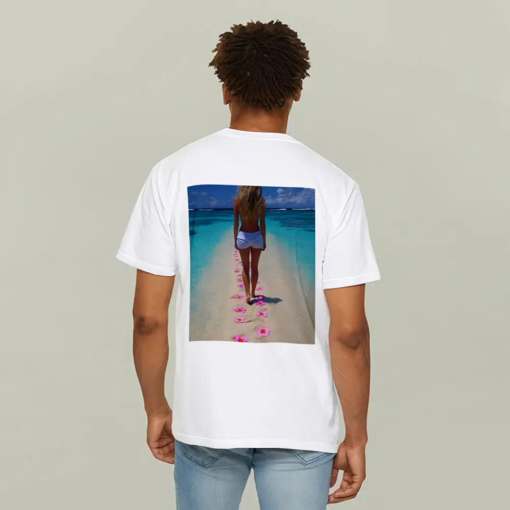 Woman Walking Tropical Beach Pink Plumeria Flowers – T-Shirts
