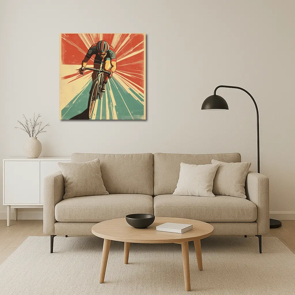 Retro Cyclist Racing Sunburst Propaganda Art Style – Wall Art