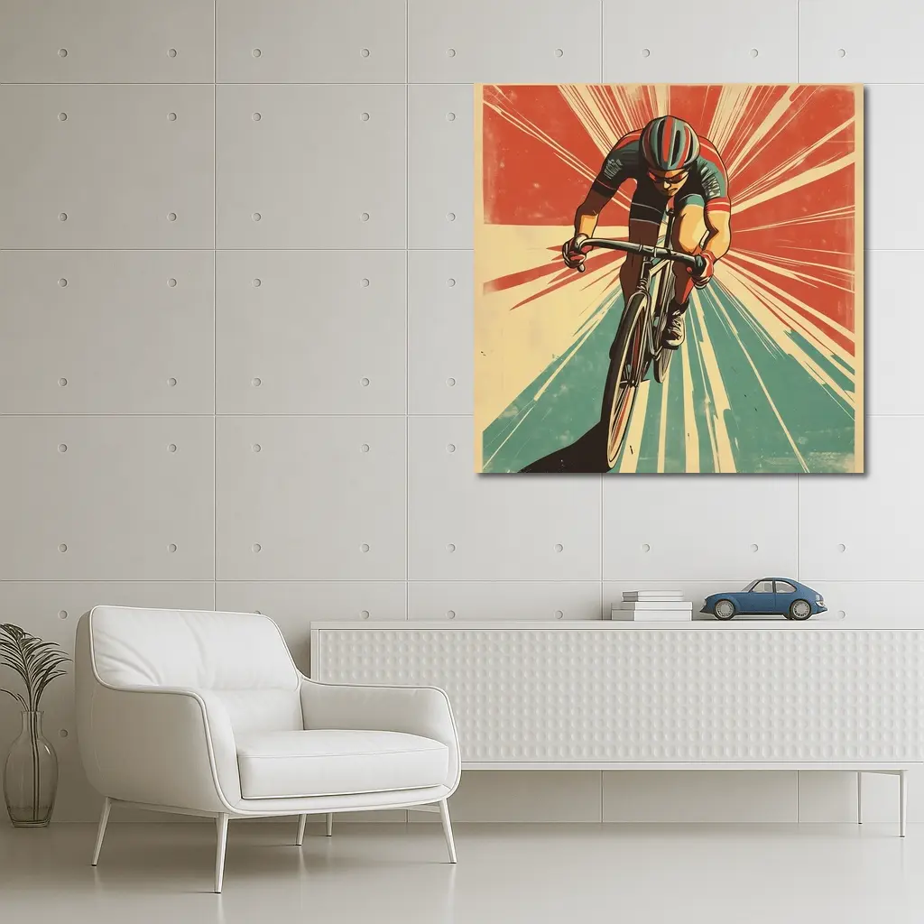 Retro Cyclist Racing Sunburst Propaganda Art Style – Wall Art