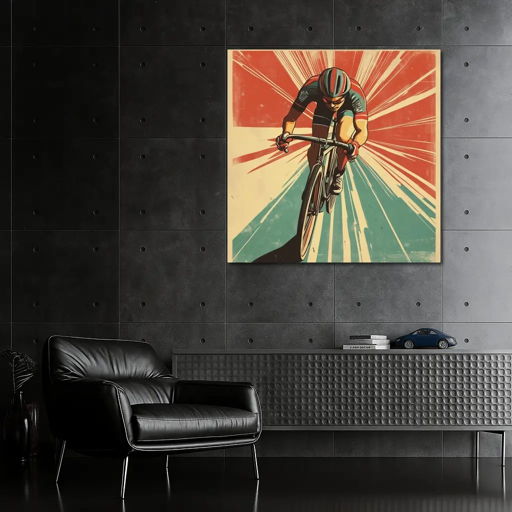 Retro Cyclist Racing Sunburst Propaganda Art Style – Wall Art