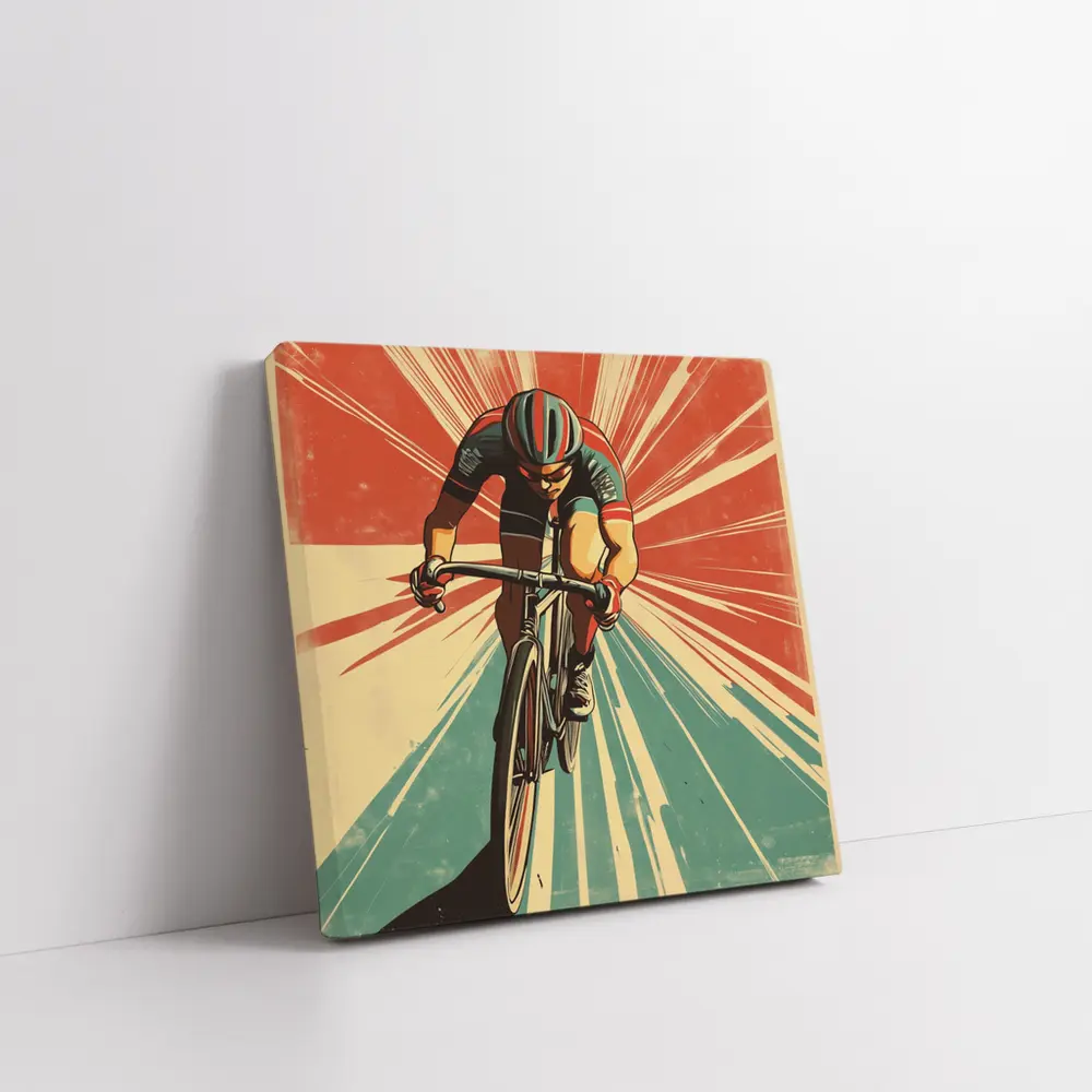 Retro Cyclist Racing Sunburst Propaganda Art Style – Wall Art