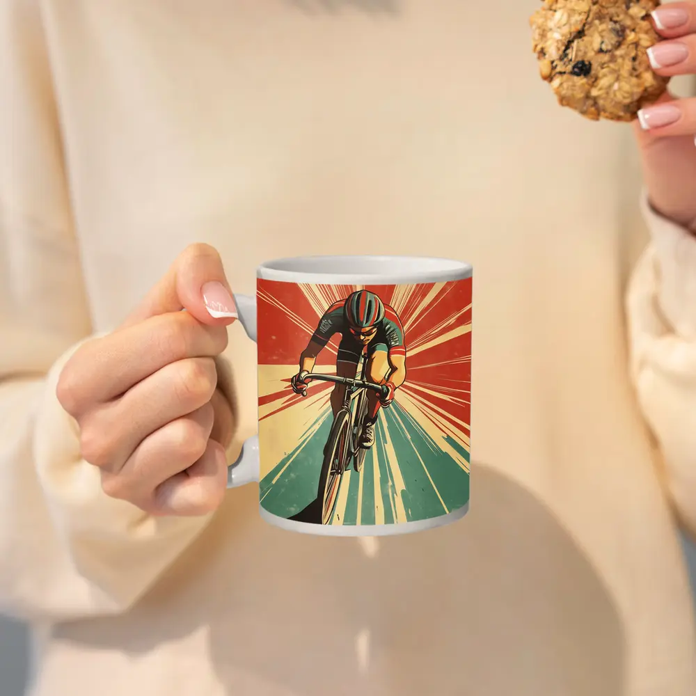 Retro Cyclist Racing Sunburst Propaganda Art Style – Mugs