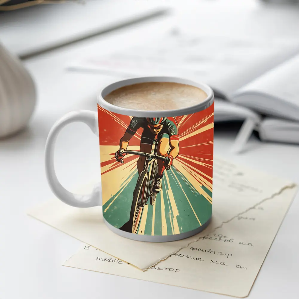 Retro Cyclist Racing Sunburst Propaganda Art Style – Mugs
