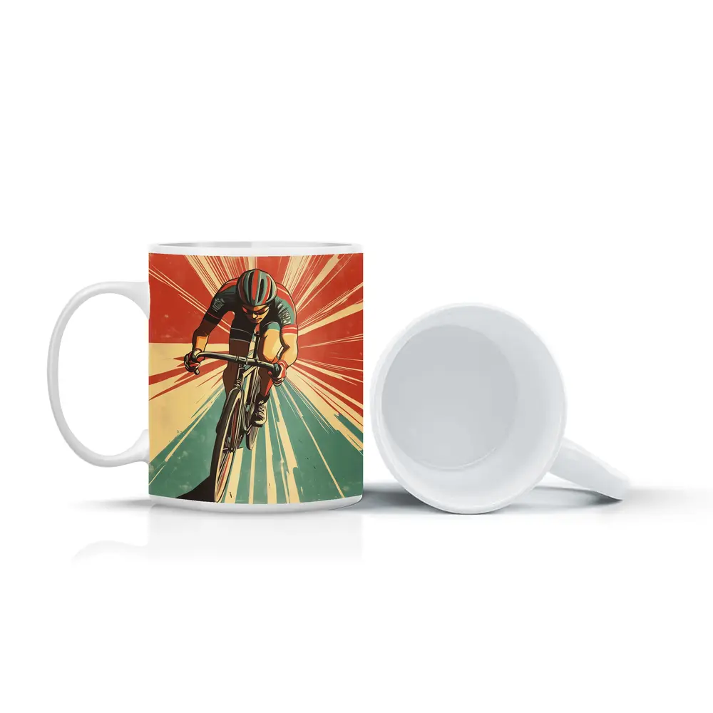 Retro Cyclist Racing Sunburst Propaganda Art Style – Mugs