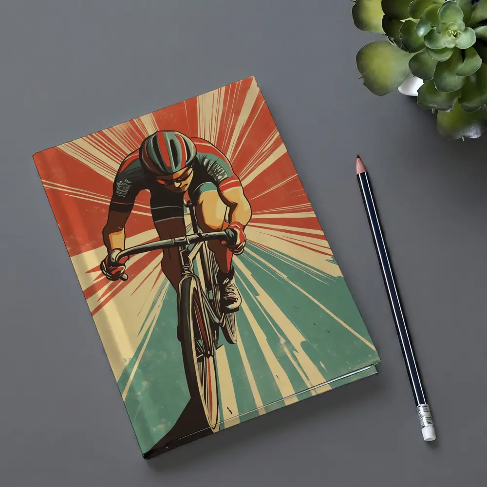 Retro Cyclist Racing Sunburst Propaganda Art Style – Notebooks