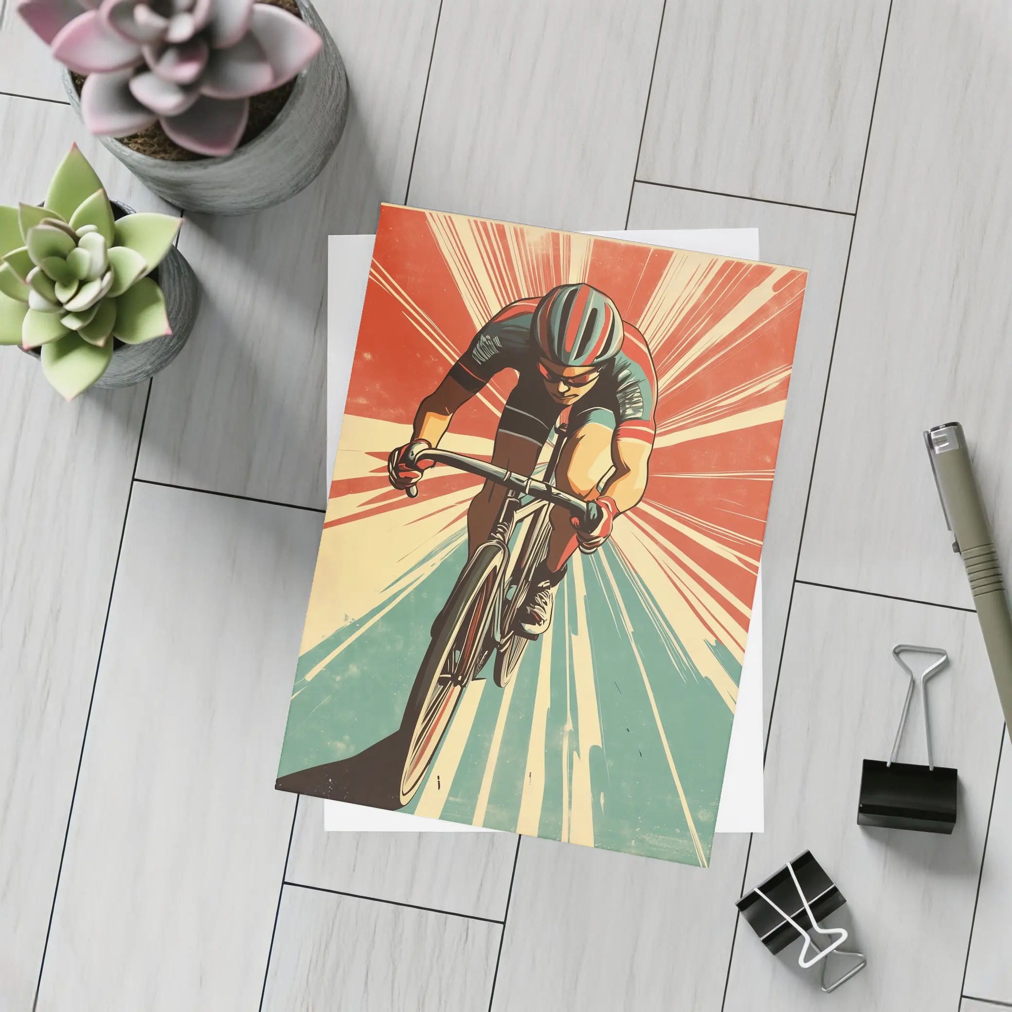 Retro Cyclist Racing Sunburst Propaganda Art Style – Postcards