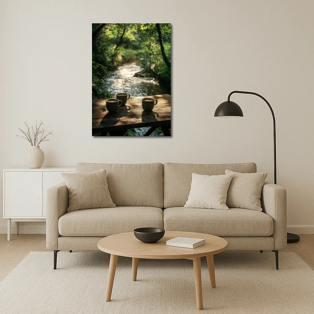 Coffee Cups On Wooden Table Forest Stream – Wall Art