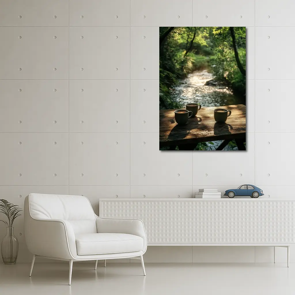 Coffee Cups On Wooden Table Forest Stream – Wall Art