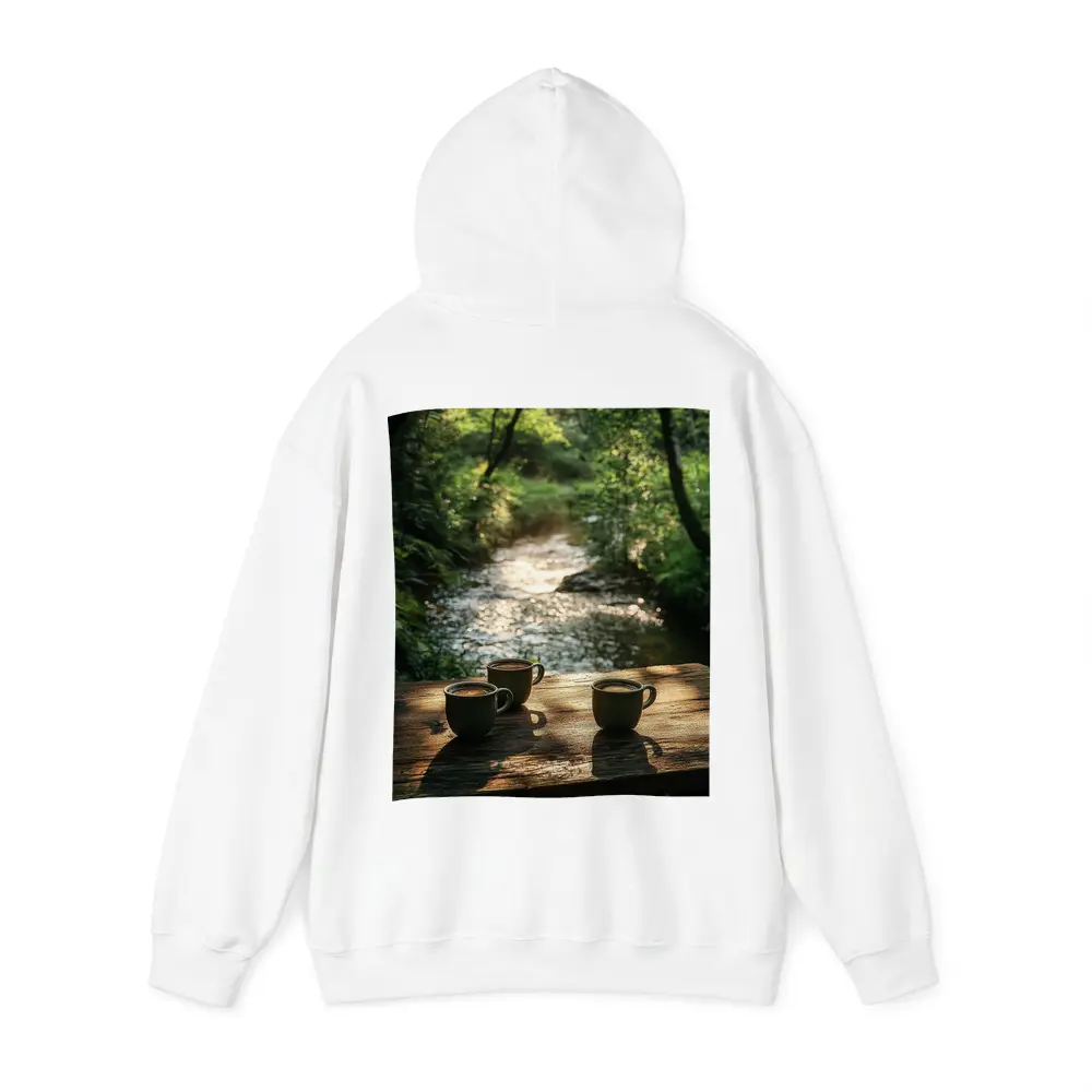 Coffee Cups On Wooden Table Forest Stream – Hoodies