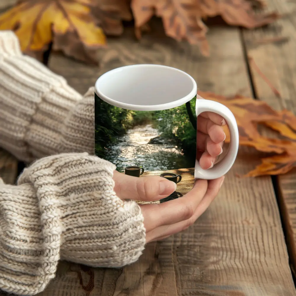 Coffee Cups On Wooden Table Forest Stream – Mugs