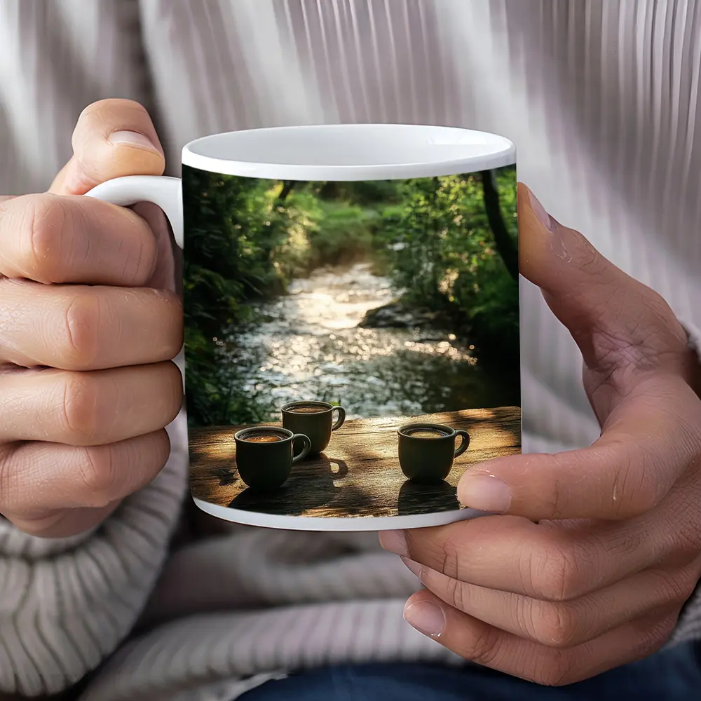 Coffee Cups On Wooden Table Forest Stream – Mugs
