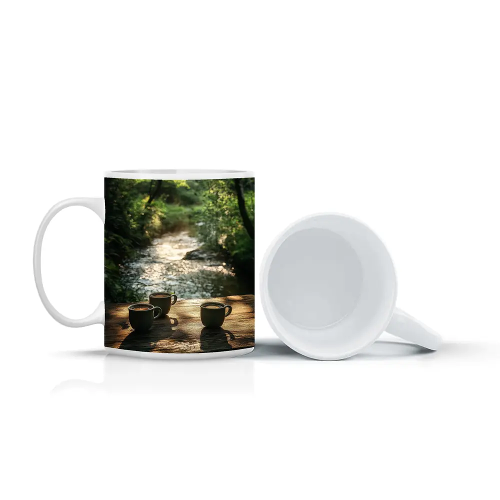 Coffee Cups On Wooden Table Forest Stream – Mugs