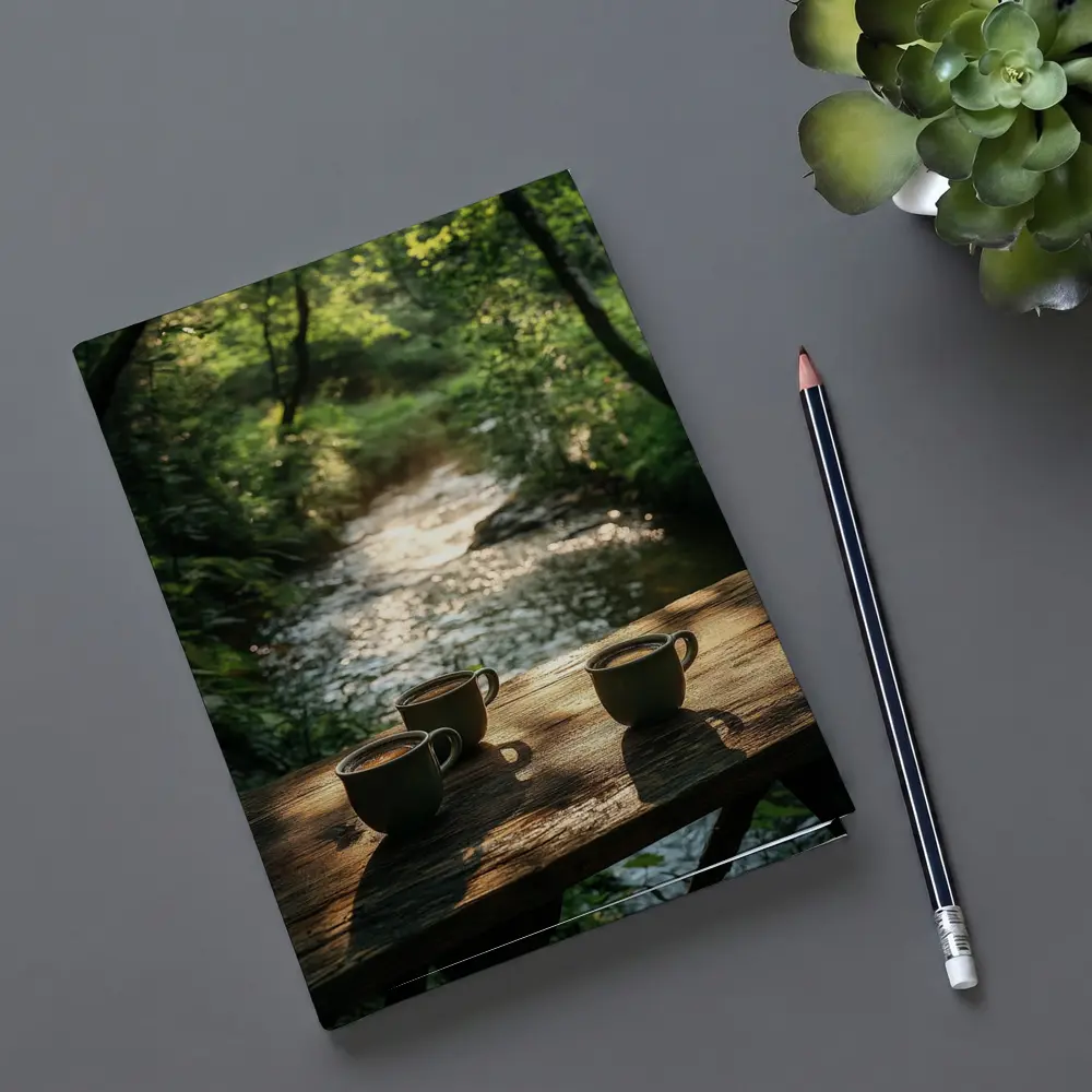 Coffee Cups On Wooden Table Forest Stream – Notebooks