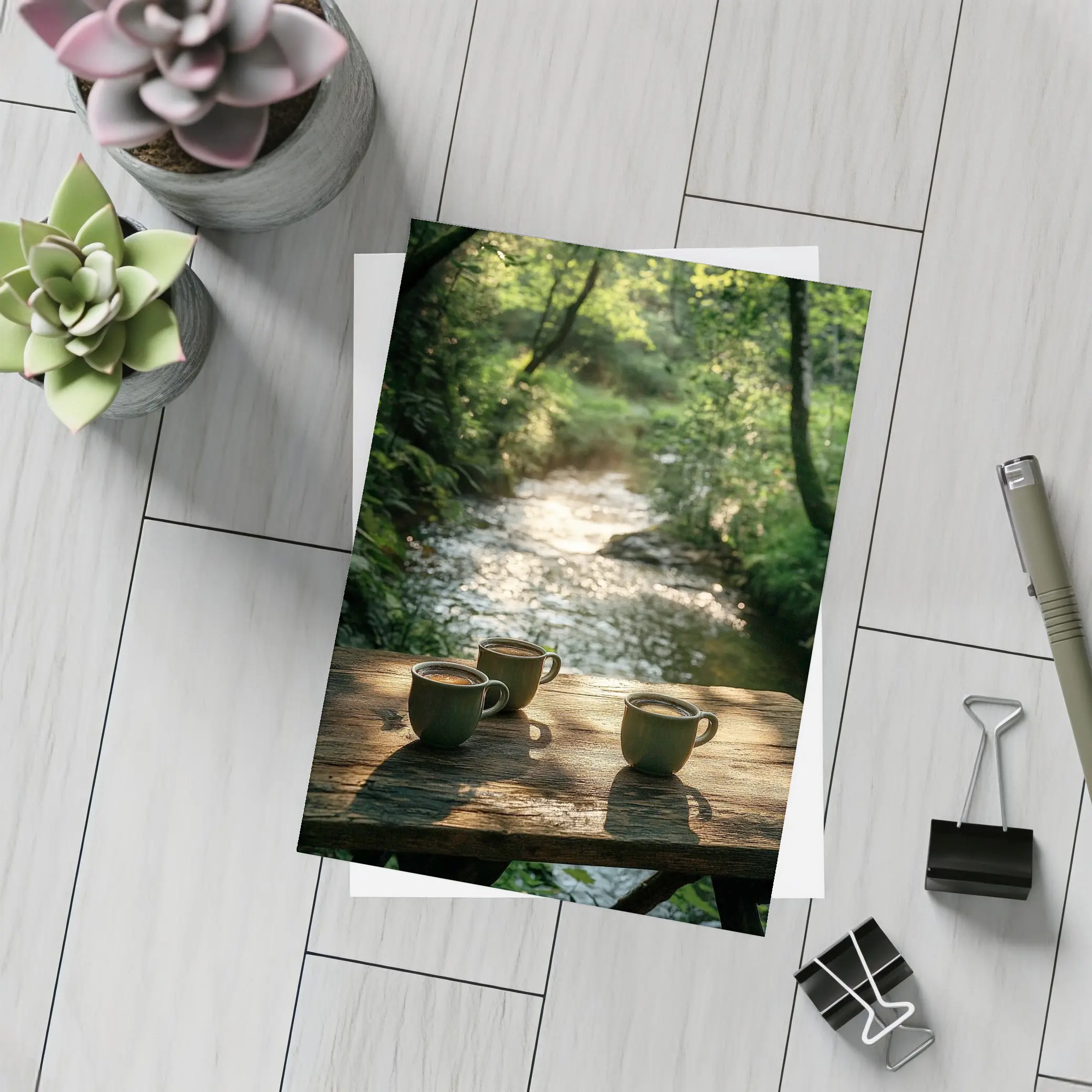 Coffee Cups On Wooden Table Forest Stream – Postcards