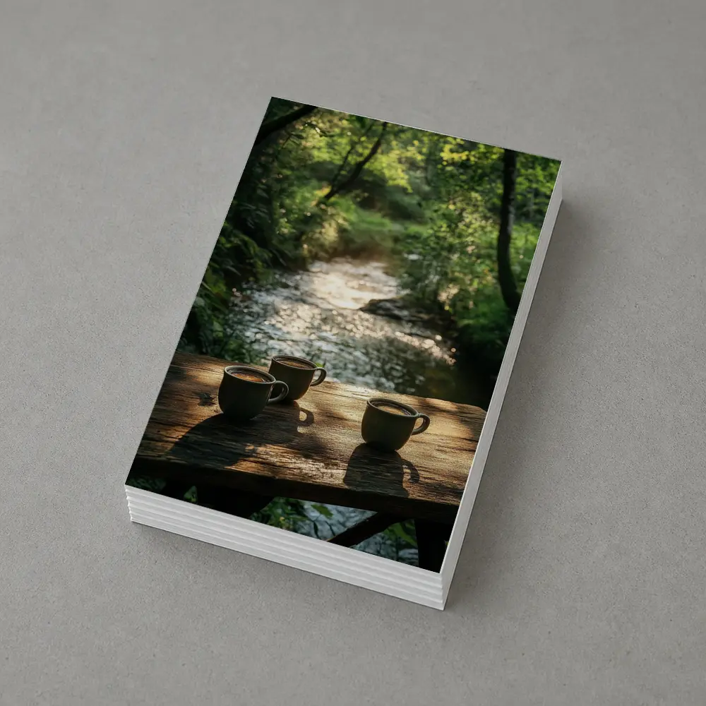 Coffee Cups On Wooden Table Forest Stream – Postcards