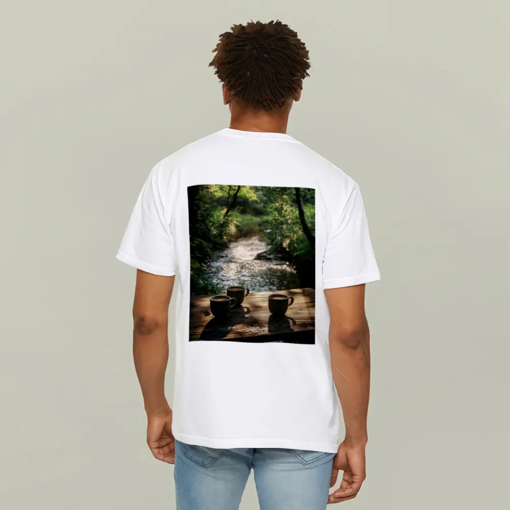 Coffee Cups On Wooden Table Forest Stream – T-Shirts